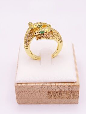Gold-Tone Panther Head Ring with Green Eyes - Women Jewelry